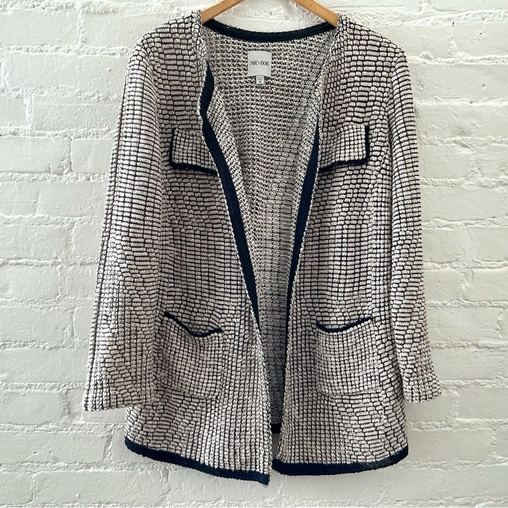 NIC+ZOE Open Cardigan Sweater Cream Black Textured Knit Layer Casual Chic Sz M - Picture 2 of 13